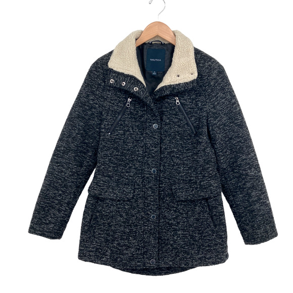 Nautica Jackets & Blazers - Nautica Sherpa Jacket Womens XS Gray Fleece Long Sleeve Pockets Snap Front